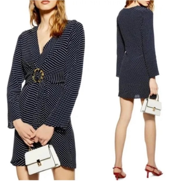 NWT Topshop Black White Polka Dot Horn Ring Faux Wrap Dress Women's Size US 8 - Picture 3 of 6
